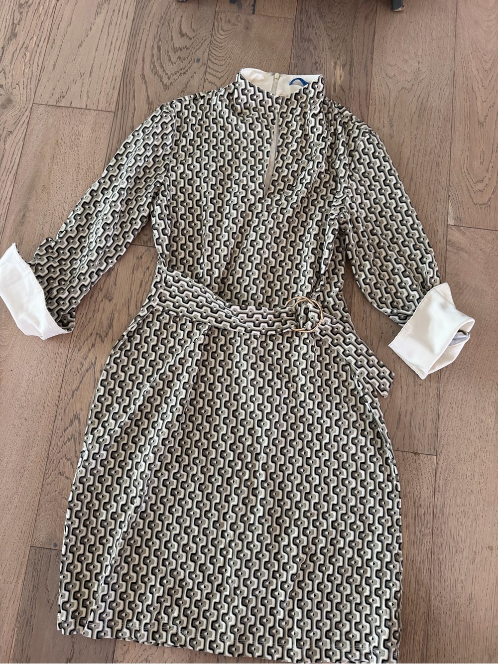 J.McLaughlin Black/Taupe Geo-Print Mock Neck Sheath Dress w/ Belt Size M